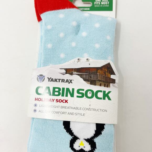 Yaktrax Womens OS Cabin Sock Holiday Penguin Blue Red Snowflakes - Picture 4 of 4